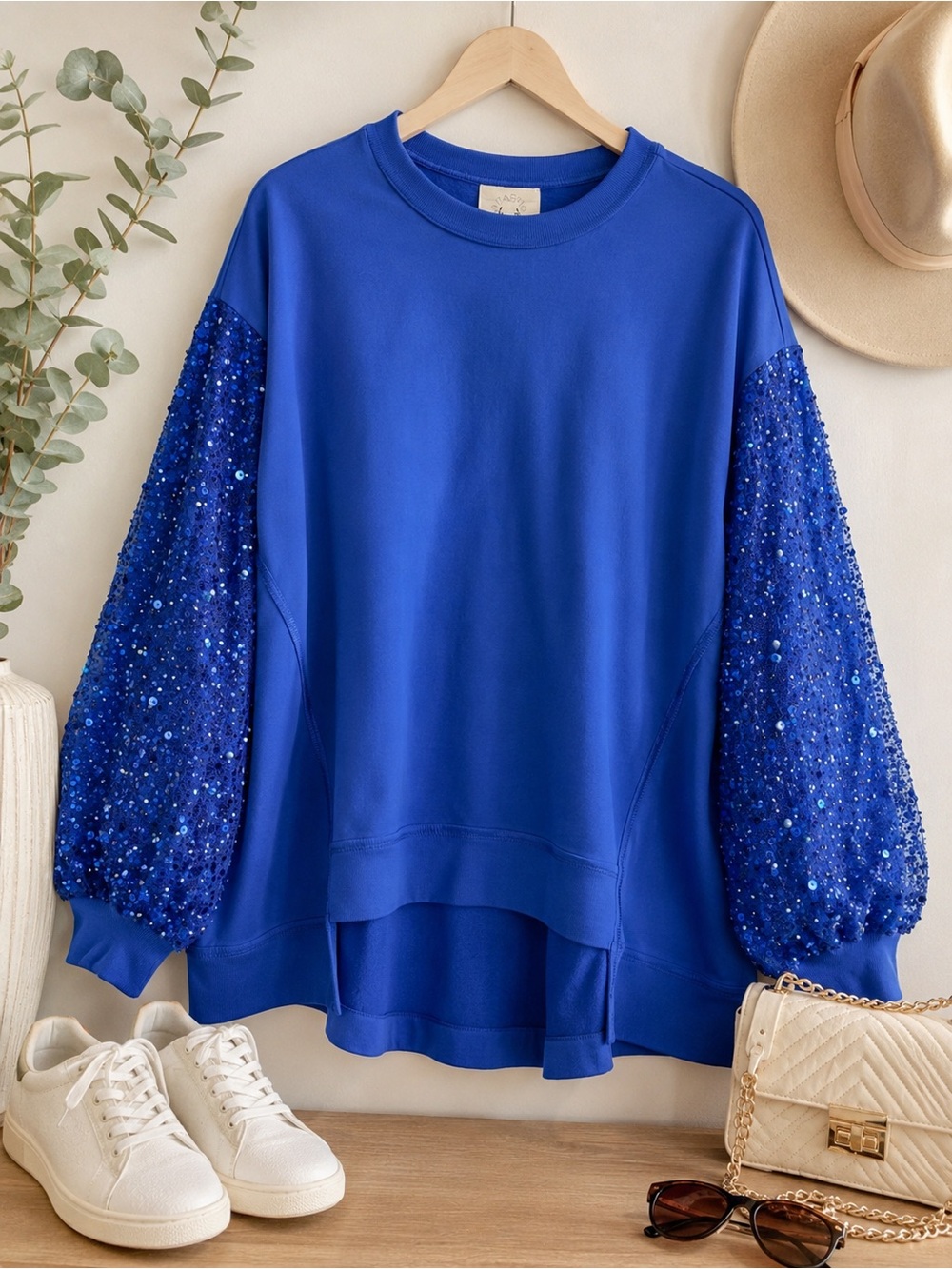 Fantastic Fawn Royal Blue Sequin Puff-Sleeve Sweatshirt